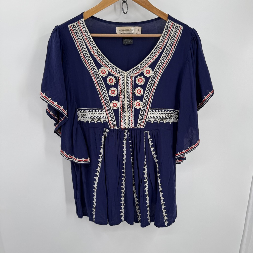 Urban Mangoz Womens Blouse L Navy Blue Embroidered Boho Babydoll Flutter Sleeve - Picture 2 of 8